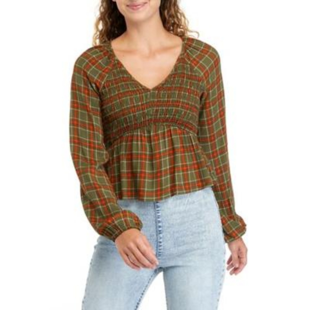 Love, Fire Juniors' Long Sleeve Smocked Peplum Top